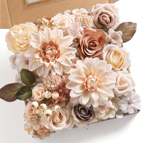 rongflower Artificial Flowers Combo Nude Brown Silk Flowers Dahlia & Rose with Stems for DIY Wedding Bridal Bouquets, Baby Shower, Floral Arrangement, Table Centerpieces, Home Decorations - color: Nude Brown