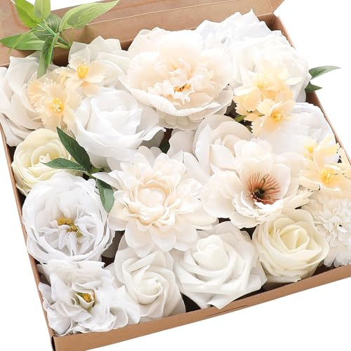 Floroom Cream White Artificial Flowers Ivory Fake Roses Peonies Dahlias and Greenery Combo Box Set for DIY Wedding Bouquets Bridal Shower Centerpieces Floral Arrangements Party Tables Home Decorations - color: Whisper of White