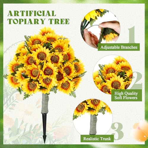 Lunmon 2 Pack Artificial Sunflower Topiary Trees for Outdoors with Ground Spikes, 24 Inch UV Resistant Faux Sunflower Ball Plants for Front Door Porch Patio Garden Yard Decor - color: Yellow, style: Sunflower