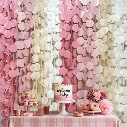 205 Ft Dusty Rose Pink Party Decorations Dusty Pink Khaki Beige Circle Dot Backdrop Garland Tissue Paper Polka Dots Hanging Streamer for Girl Baby Shower Birthday Wedding Bridal Shower Party Supplies - color: dusty pink beige