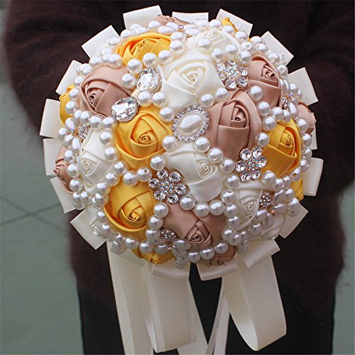 USIX Handcraft Popular Satin Rose Rhinestone Brooch Flower Pearl Bridal Holding Wedding Bouquet Wedding Flower Arrangements Bridesmaid Bouquet(Yellow) - color: Yellow