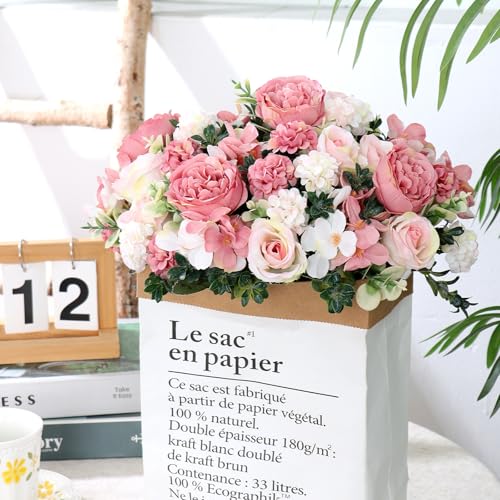 4 Packs Peonies Artificial Flowers Silk Pink Artificial Peonies Bouquet Fake Flower Arrangements Mixed Roses Hydrangea with Stems for Centerpiece Table Wedding Bridal Bouquets Home Decor - color: Pink