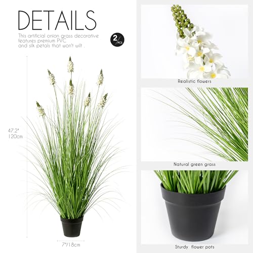 Artificial Plants Indoor 47in - Fake Grass with Hyacinth Flowers, 4FT Fake Plants with Pot for Outdoor, Faux Tall Grass Greenery for Porch Wedding Decorative, Housewarming Gifts, White(2Pack) - color: 1.2m White2