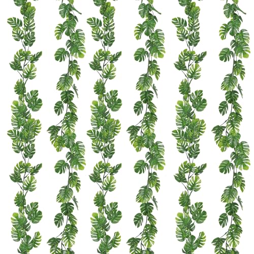 RECUTMS 6Pcs Artificial Monstera Leaf Vines, 5.9FT Faux Tropical Monstera Garland Fake Hanging Plant Ivy Palm Leave Greenery Vine for Garden Porch Patio Jungle Luau Party Birthday Indoor Outdoor Décor - color: Monstera Leaf Vines 6pcs