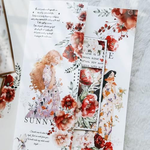 Floral PET Washi Tape Set - 6 Roll Wide PET Tape for Scrapbook Supplies,Character Decorative Girls Sticker,Flower Stickers, Bullet Journals Materials,Planner Arts Craft Collage - color: Girls with Flowers