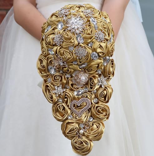 Luxury Cascade Bridal Wedding Bouquet Satin Rose Waterfall Holding Bouquet Artificial Flower Bunch for Bride Bridesmaid(Gold, 15" x 7.5") - color: Gold, size: 15"L x 7.5"W(38cm x 19cm)