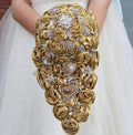 Luxury Cascade Bridal Wedding Bouquet Satin Rose Waterfall Holding Bouquet Artificial Flower Bunch for Bride Bridesmaid(Gold, 15" x 7.5") - color: Gold, size: 15"L x 7.5"W(38cm x 19cm)