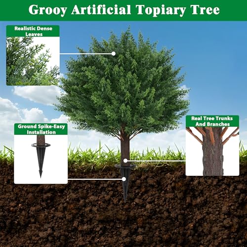 Grooy Artificial Cypress Topiary Tree with Ground Spike, Set of 2 Artificial Shrub Bushes, Fake Evergreen Tree for Porch, Artificial Plants for Outdoor Planters Indoor UV Resistant - color: Cedar Ball