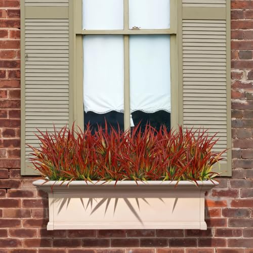 16 Pcs Artificial Plants Outdoor Fake Grass Faux Greenery Stems UV Resistant Plastic Plants Shrubs for Planters Patio Garden Front Porch Pathway Spring Summer Home Decor, Red - color: Red