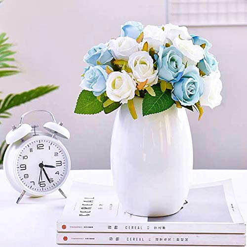Jasion Artificial Roses Flowers 12 Heads Arrangement Silk Bouquet for Home Office Parties Bridal and Wedding Decoration (Blue and White) - color: Blue and White