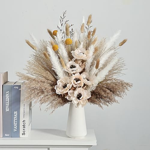Natural Dried Pampas Grass Bouquet – Rustic Green & Beige Arrangement Kit for Floor Vase, Wedding Centerpiece, Living Room & Boho Wall Decor (Soft Harvest) - color: Soft Harvest