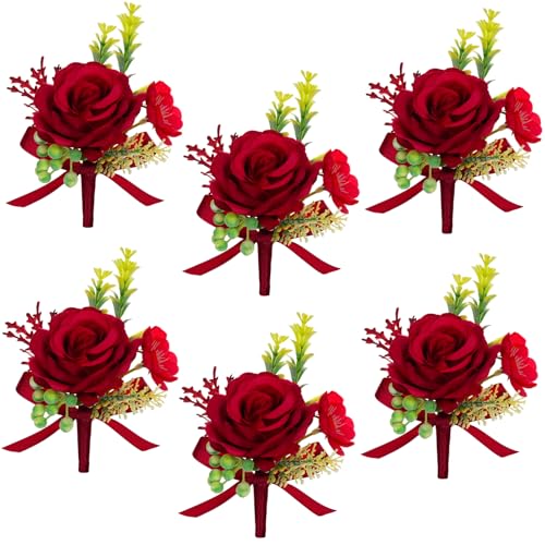 AuroraAria Red Boutonniere for Men,Set of 6,Groom Boutonniere for Wedding,Anniversary,Homecoming,Formal Dinner Party,Wedding Decor,Artificial Red Rose - color: Red-green