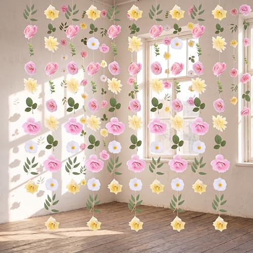 6 Pcs 35.4 Inch Artificial Flower Garland with 3 Pcs 10 ft Floral Tulle Table Runner Spring Summer Wildflower Dining Table Decor for Flower Wedding Party Backdrop Decorations - style: Watercolor Flower