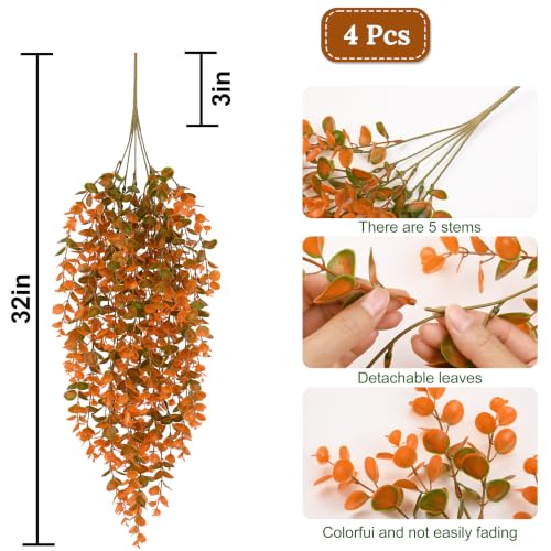 Waipfaru 4Pcs Fake Hanging Plants, Orange Eucalyptus Leaves UV Resistant Fake Vines Ivy Artificial Plants Outdoor Faux Plants Indoor Bedroom Living Room Boho Wall Porch Shelf Decor - color: Orange Eucalyptus Vines, size: 4Pcs Plants