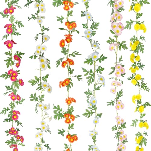 6 Pcs Wildflower Garland Spring Flowers Garland 12 FT Colorful Artificial Daisy Flowers and Leaves Faux Floral Vine for Mantle Baby Shower Wedding Arch Porch Staircase Summer Decor - color: Blue, Rose Red, Orange, White, Pink and Yellow