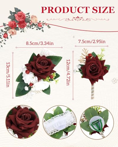 eZAKKA Red Rose Corsage and Boutonniere Set with Elastic Wristlet, Handmade Artificial Flower Wrist Corsage for Prom Wedding Homecoming Accessories, 2Pcs Suit Decoration (Red & White) - color: Red-white