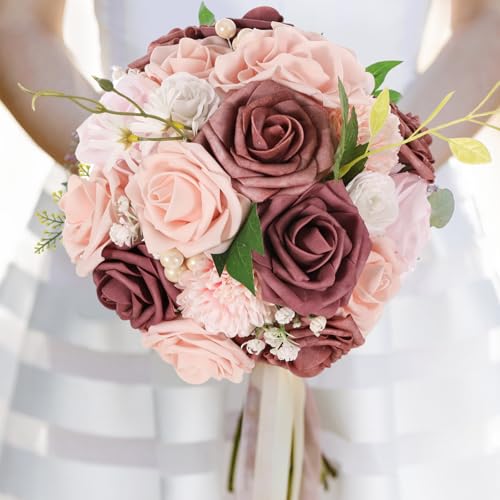 Artificial Flowers Combo Dusty Pink White Roses with Stems Leafs Bouquets Bridal Wedding Shower Decorations Fake Floral for Party Table Centerpieces - color: Wine