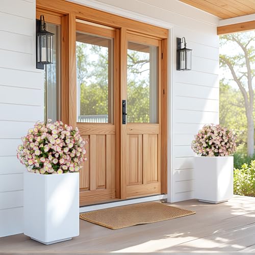 24" Artificial Potted Plants Outdoor Set of 2, UV Resistant Faux Pink Flowers with Eucalyptus, Decorative Plants in Pots for Front Porch, Patio & Entryway - color: Pink, size: 24in Morning Glory Eucalyptus