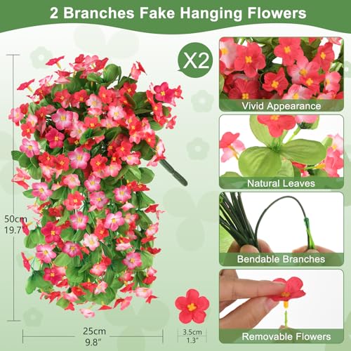 Artificial Fake Hanging Flowers for Outdoors, 2 Pcs Artificial Hanging Plants Outdoors Spring Summer Decor, UV Resistant Faux Violet Silk Flowers for Planters Front Door Yard Garden(Deep pink) - color: Deep Pink