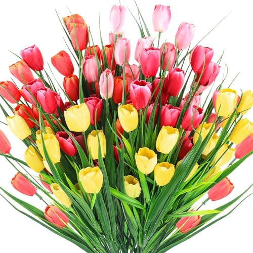 Yungyan 20 Bundles 100 Pcs Fake Tulips Wedding Centerpieces Artificial Flowers No Fade Faux Plastic Flower Arrangement for Bridal Shower Ceremony Home Decor(Rose Red, Orange, Pink, Yellow) - color: Rose Red, Orange, Pink, Yellow