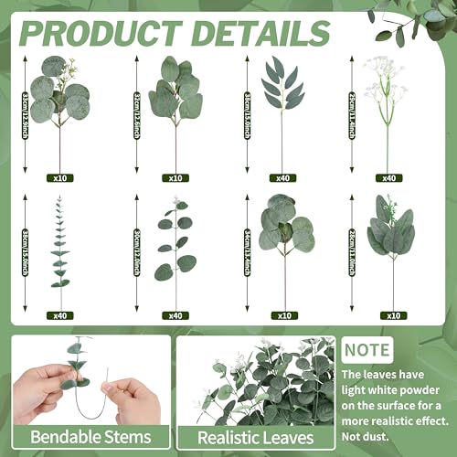 200 Pcs 8 Kinds Mixed Artificial Eucalyptus Stems Bulk Fake Silver Dollar Eucalyptus White Seeds Stems Bundle Faux Plants Greenery for DIY Bouquets Floral Arrangement Wedding Engagement Party Decor