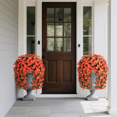 Artificial Fake Fall Hanging Flowers Plants for Outdoor Outside, 2PCS Faux Silk Orange Daisy Mums Trailing Vines UV Resistant Realistic Orchid for Autumn Front Door Porch Planter Patio Garden - color: Orange