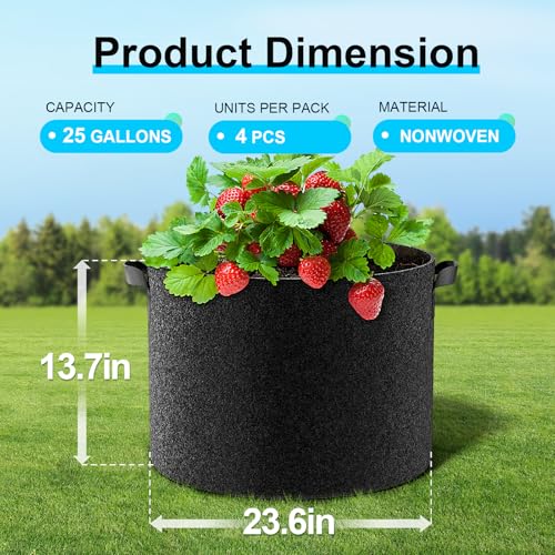 Land Guard 4-Pack Fabric Grow Bags 25 Gallon, Thickened Nonwoven Garden Pots, Growing Bags with Handles, Black - size: 25 Gallon