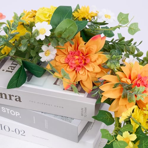 GENMOUS Artificial Dahlia Daisy Flower Garland Decor, 5.3Ft Spring/Summer Fall Garland Floral Garlands for Indoor Outdoor Home Wedding Arch Porch Stair Backdrop Year Round Decor (Yellow Orange)