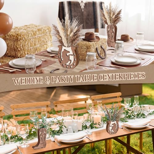 LemonRoad 6 Pcs Wooden Cowboy Boot Horseshoe Vases for Wedding Small Cowboy Boot Flower Vase for Flower Faux Greenery Rustic Western Decor for Table Centerpiece Weddings Party - color: Brown, size: Boot,Horseshoe