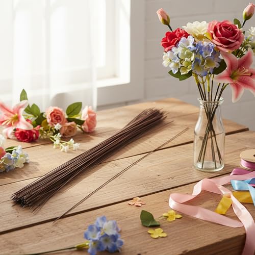 FUNSUEI 500 PCS 16 Inch 2 Gauge Floral Stem Wire, Flexible Brown Floral Wire for Flower Making, DIY Floral Arrangements and Decorations