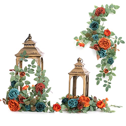 Ling's moment 6Pack 1.8ft Terracotta Artificial Flowers Garland Teal Blue Lantern Flower Burnt Orange Arch Floral Centerpieces for Wedding Aisle Chair Signs Table Cake Decor（not Including Lanterns） - color: Or-teal & Orange
