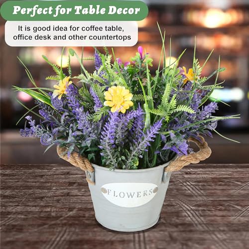 Artificial Plant Purple Lavender | Potted Faux Greenery | Farmhouse Decor for Home, Office, Bathroom | Galvanized Metal Pot - color: Lavender Flower With Yellow Daisy
