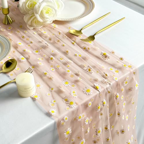 Daisy Gauze Table Runner 120 Inch 10FT, Floral Flower Tulle Table Runner Seasonal Kitchen Dining Table Decorations for Party Wedding Christmas Holiday Birthday (Pink) - color: Pink