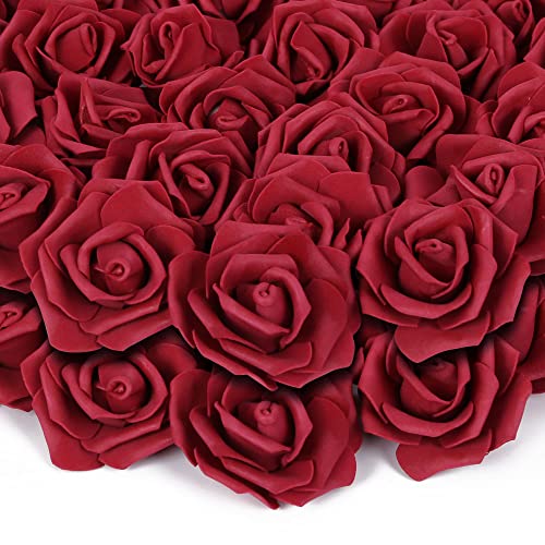200pcs Burgundy Artificial Foam Rose Flower Head, 3-Inch Fake Flower Heads Stemless Rose Flowers Bulk for DIY Crafts,Wedding Bouquets Party Baby Shower Home Decor (Burgundy) - color: Burgundy, size: 200PCS