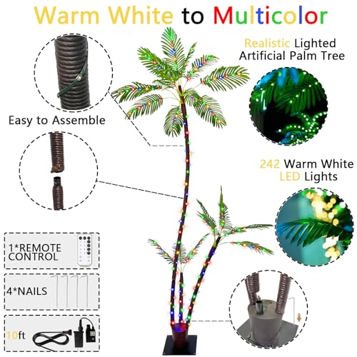 SOSHOT 7FT Lighted Artificial Palm Tree with Three Trunks and 242 LED Lights with Remote Control and App Waterproof for Tiki Bars, Patios,Beaches,Yards Pool, Cruise Party-Warm White to Multicolor - style: 7FT Warm White to Multicolor