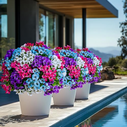 AXYLEX Artificial Flowers Outdoor Shrubs - 16 Bundles Fake Plants UV Resistant No Fade Faux Plastic Greenery Home Garden Porch Decoration Indoor (1, Multi 16-5) - color: 16pcs - Blue+white+magenta+pink