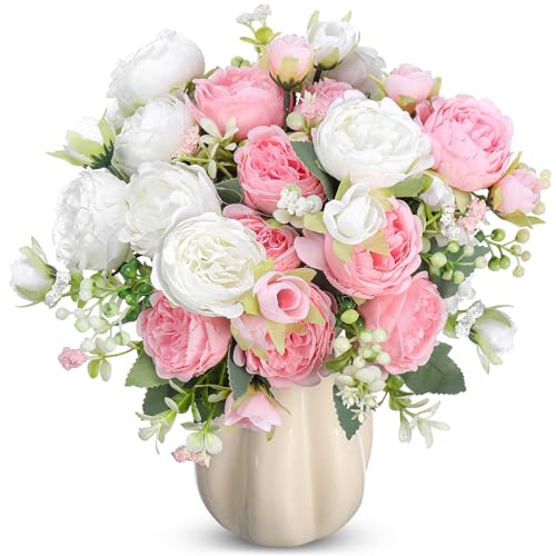 Crowye 4 Bundles Peonies Artificial Flowers Silk Faux Peonies Wedding Artificial Flower Bouquet for Table Centerpiece for Home Wedding Decor Bridal Floral Arrangement(White, Light Pink) - color: White, Light Pink
