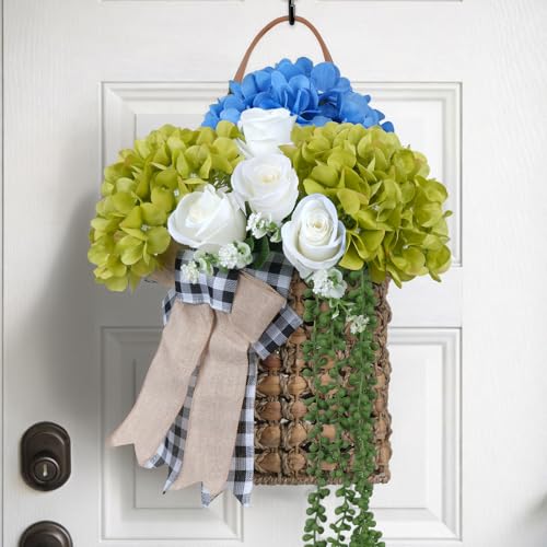 23.6" Basket Wreaths for Front Door Hanging Basket Blue & Green Hydrangea Wreaths for Front Door with Rose Spring Summer Wreath for Front Door Porch Wall Window Boho Farmhouse Home Decor - color: Blue & Green