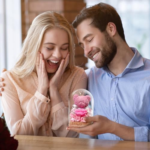 Preserved Rose Flowers Gifts for Her, Real Forever Rose in Glass Dome with Adorable Bear for Girlfriend,Mom,Wife,Grandma on Birthday Anniversary Valentine's Day - color: Pink