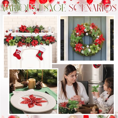 Thiccywoov 122 Pcs Christmas Glitter Poinsettia Artificial Flowers Berry Picks Butterfly Christmas Tree Ornaments 3 Styles Poinsettia kit with Clip for Xmas Wreath Home Tree Decor(Red, Green) - color: Red, Green