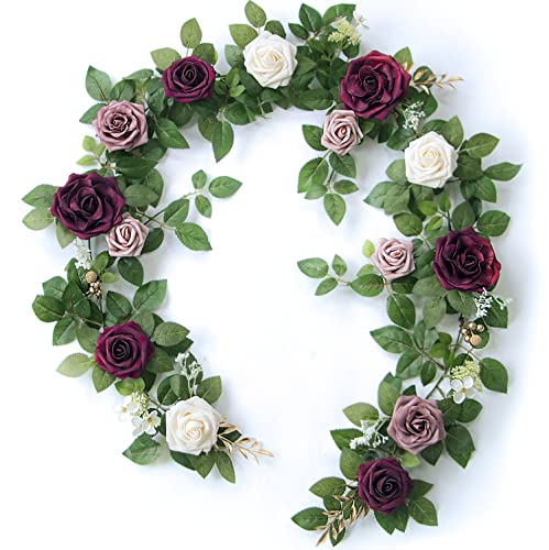 PONATIA 5FT Handcrafted Burgundy Artificial Rose Garland, Dusty Rose Flowers for Wedding Ceremony Garlands Backdrop Arch, Christmas Decorations Table Decor - color: Burgundy & Dusty Rose & Cream
