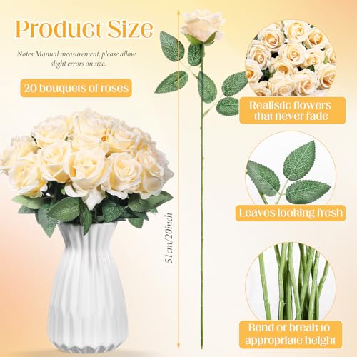 Hotop 20 Pcs Artificial Rose Flowers with Long Stem, Real Lifelike Silk Realistic Plastic Bouquet Roses Bulk for Home Decor Bridal Wedding Party Table Centerpieces Decorations(Champagne) - color: Champagne