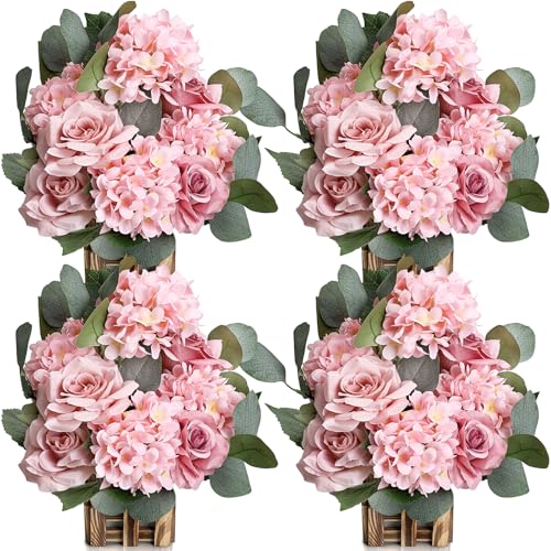 11.8’’ Tall Free Standing Artificial Flowers, 4Pcs Artificial Flowers Arrangement with Basket, Dusty Pink Rose Hydrangea Decorations for Wedding Archway Aisle Welcome Entrance Table - color: Dusty Pink
