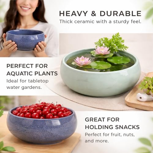 2 Pack Lotus Bowl Planter, Large 7.5'' & Small 6.5'' Shallow Ceramic Water Planting Pot, Drainage-Free Hydroponic Bowl for Lotus Seeds, Ikebana, Succulents & Water Lilies (Sky&Star Series) - color: Sky & Star Series