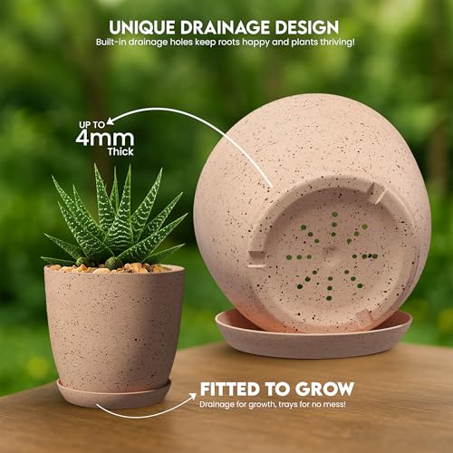 Utopia Home - Spotty Plant Pots Indoor with Drainage - 7/6.6/6/5.3/4.8 Inches Flower Pots - 5 Pack Plastic Planters - Ideal for Stocking Stuffers - (Speckled Peach Pink, Pack of 5) - color: Speckled Peach Pink, size: Pack of 5