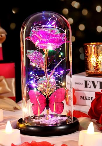 Gifts for Mom Birthday Gifts for Women Pink Rose Eternal Flower Light Up Rose in Glass Dome with Butterfly, Galaxy Crystal Flowers Gifts for Grandma Wife Daughter Her Delivery Prime - color: Light Pink