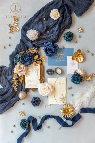 TINGE TIME Roses Artificial Flowers Blue Faux Flowers Bulk for DIY Bridal Wedding Bouquets Baby Shower Centerpiece Table Home Decorations(Navy Blue) - color: Navy Blue