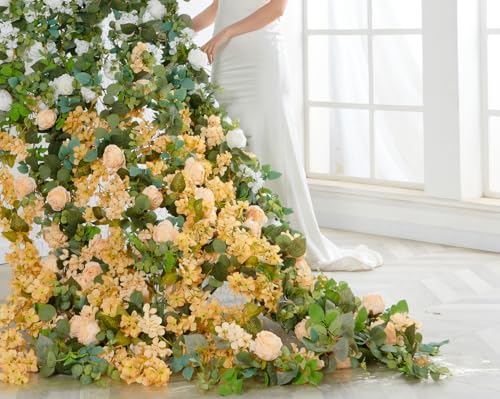 PONKING Flower Garland Artificial Rose & Hydrangea Vine Hanging Fake Flowers Vines for Wedding Birthday Party Valentines Christmas Room Wall Arch Decor, 1 Rose & 1 Hydrangea Champagne Floral Garland - color: Large Rose & Hydrangea Champagne Vines 5.4ft