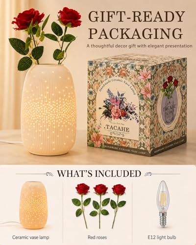 TACAHE Ceramic Vase Table Lamp, 2700K Bulb & 3 Artificial Flowers Included, E12 Socket, Inline Switch, Handmade Openwork Craft, Ambient Light for Living Room Bedroom - Starry 9.3" - style: Starry