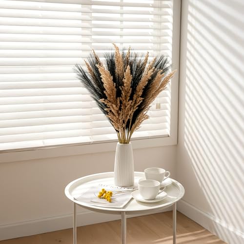 Ptwola 30pcs Black Pampas Grass Decor 17.7 Inch Fluffy Faux Pampas Grass Artificial Dried Flower Bouquet Small Vase Filler Home Decor for Gothic Living Room Decoration Wedding Halloween Party Wall